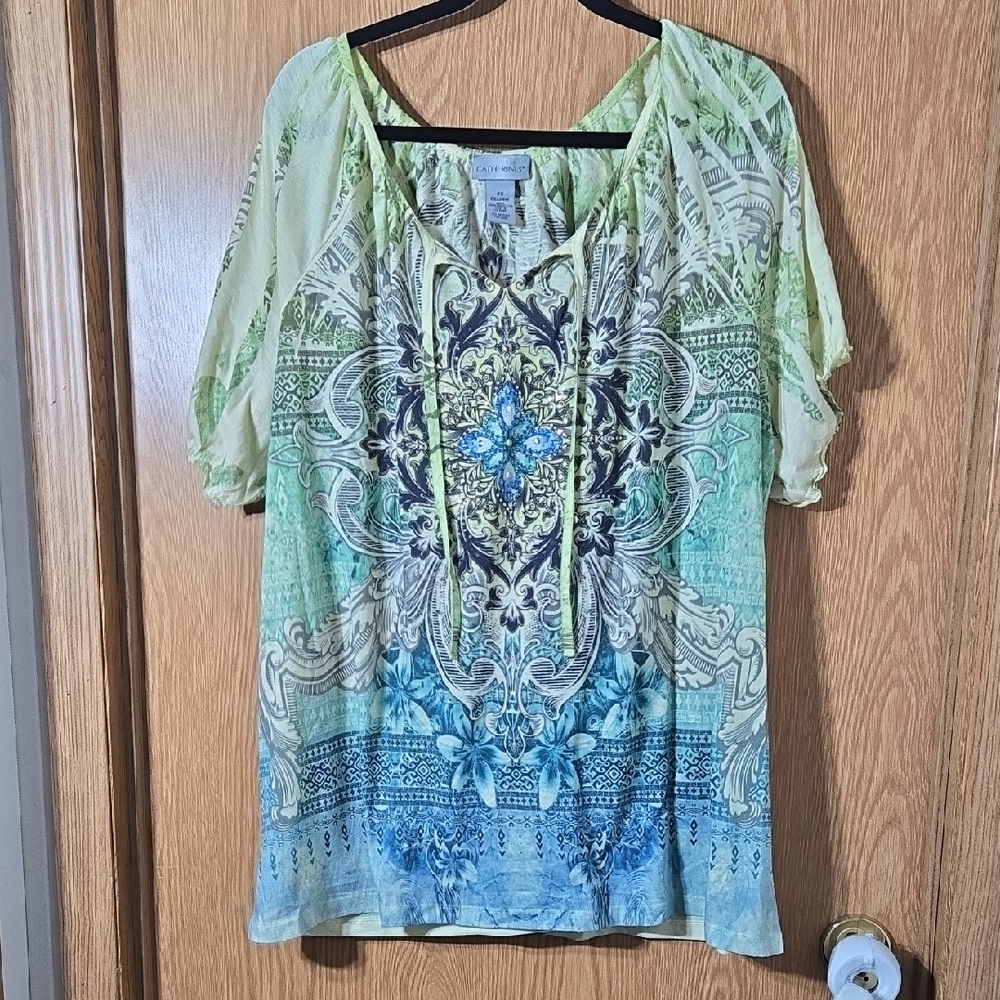 Catherines Green and Blue Rinestone And Patterned Blouse
